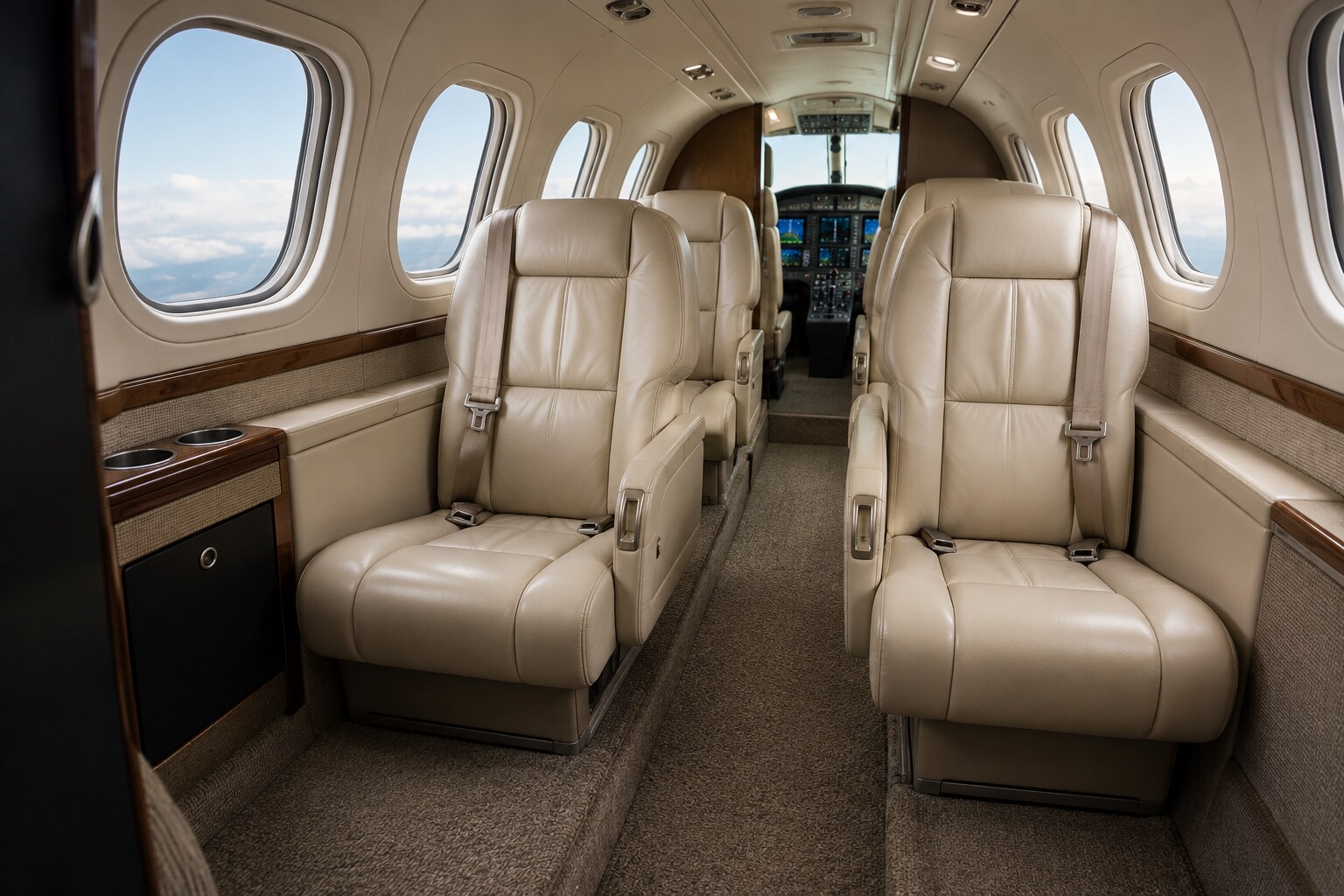 Refurbished private aircraft interior with leather seats and new carpet